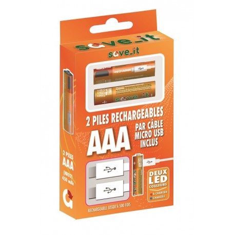 PACK DE 2 PILES RECHARGEABLES LR03 AAA +CORDON MICRO USB