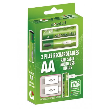 PACK DE 2 PILES RECHARGEABLES LR06 AA +CORDON MICRO USB