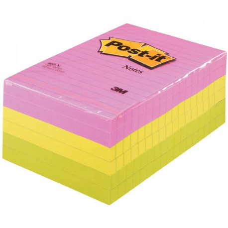 BLOC REPOSITIONNABLE 102X152 LIGNES NEONS  **PQT6* 100F POST-IT  COULEURS NÉON ASSORTIES POST IT PEFC 