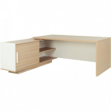 BUREAU RETOUR GAUCHE L180/198XH75XP90/180CM AVEC RANGEMENTS CHÊNE STRUCTURÉ/BLANC BRABANT