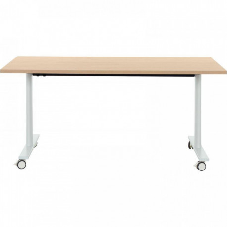 TABLE DE RÉUNION MOBILE RABATTABLE L160CM CONNEXION PLATEAU CHÊNE STRUCTURÉ/PIÈTEMENT BLANC